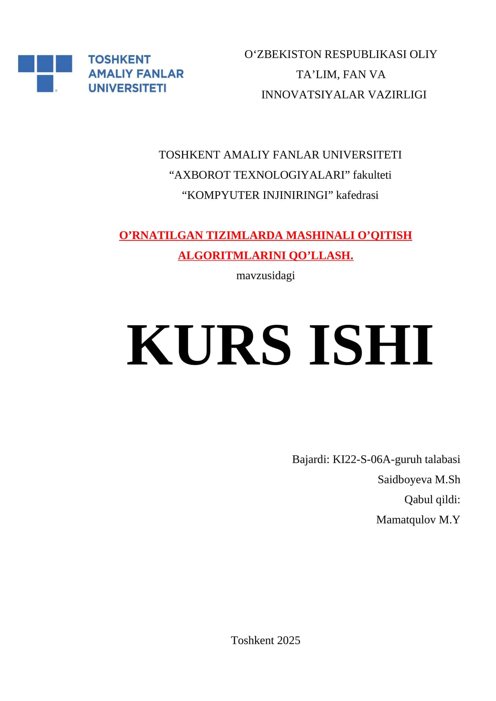 O’RNATILGAN TIZIMLARDA MASHINALI O’QITISH ALGORITMLARINI QO’LLASH
