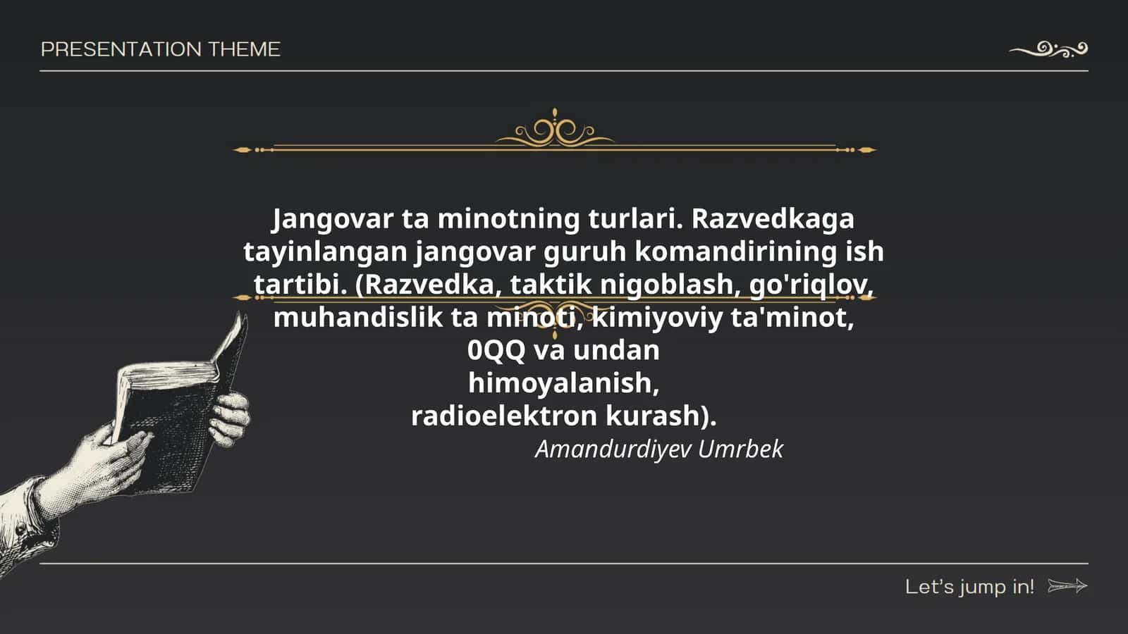 Jangovar ta minotning turlari. Razvedkaga