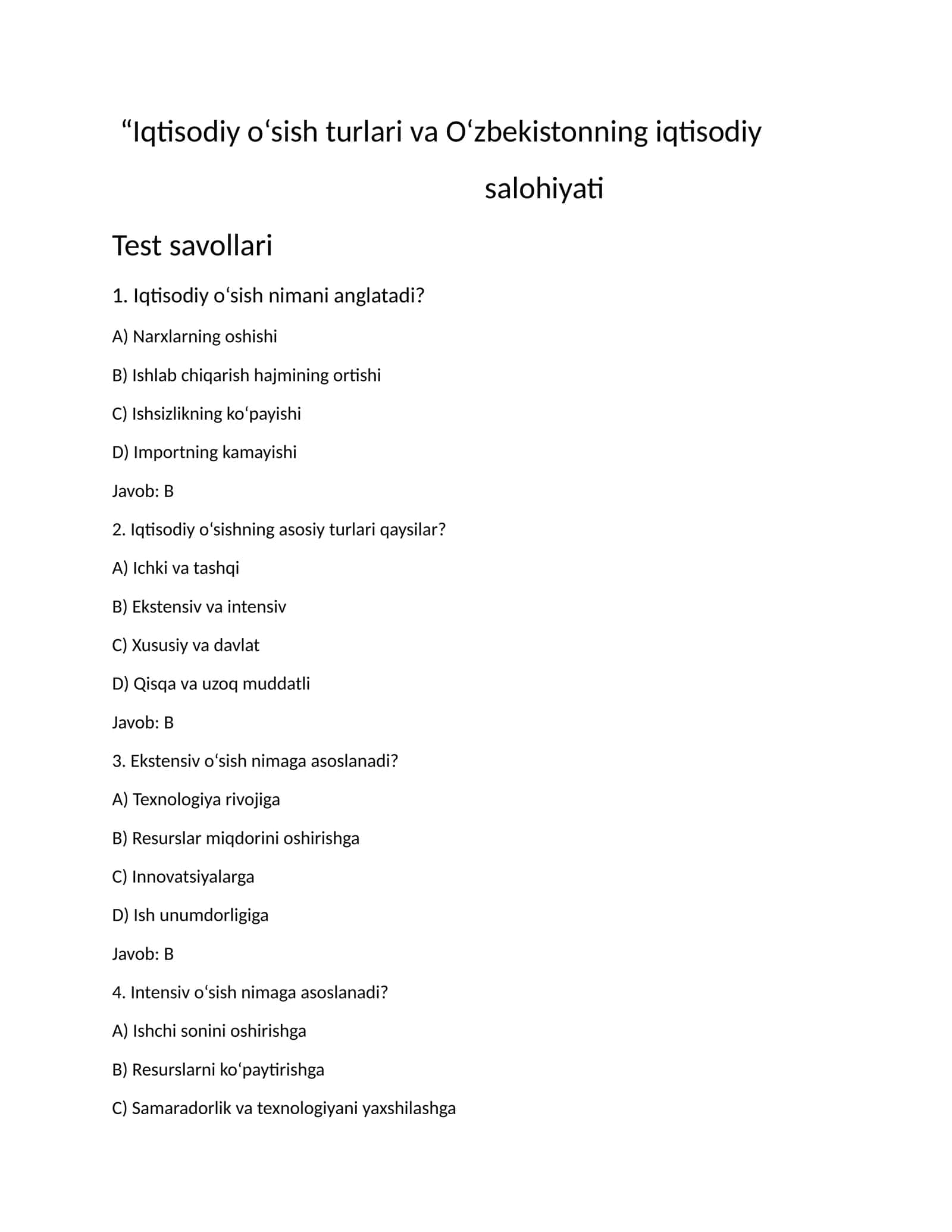 Iqtisodiy o‘sish turlari va O‘zbekistonning iqtisodiy salohiyati