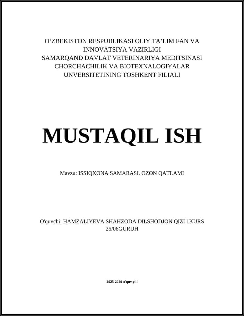 ISSIQXONA SAMARASI. OZON QATLAMI