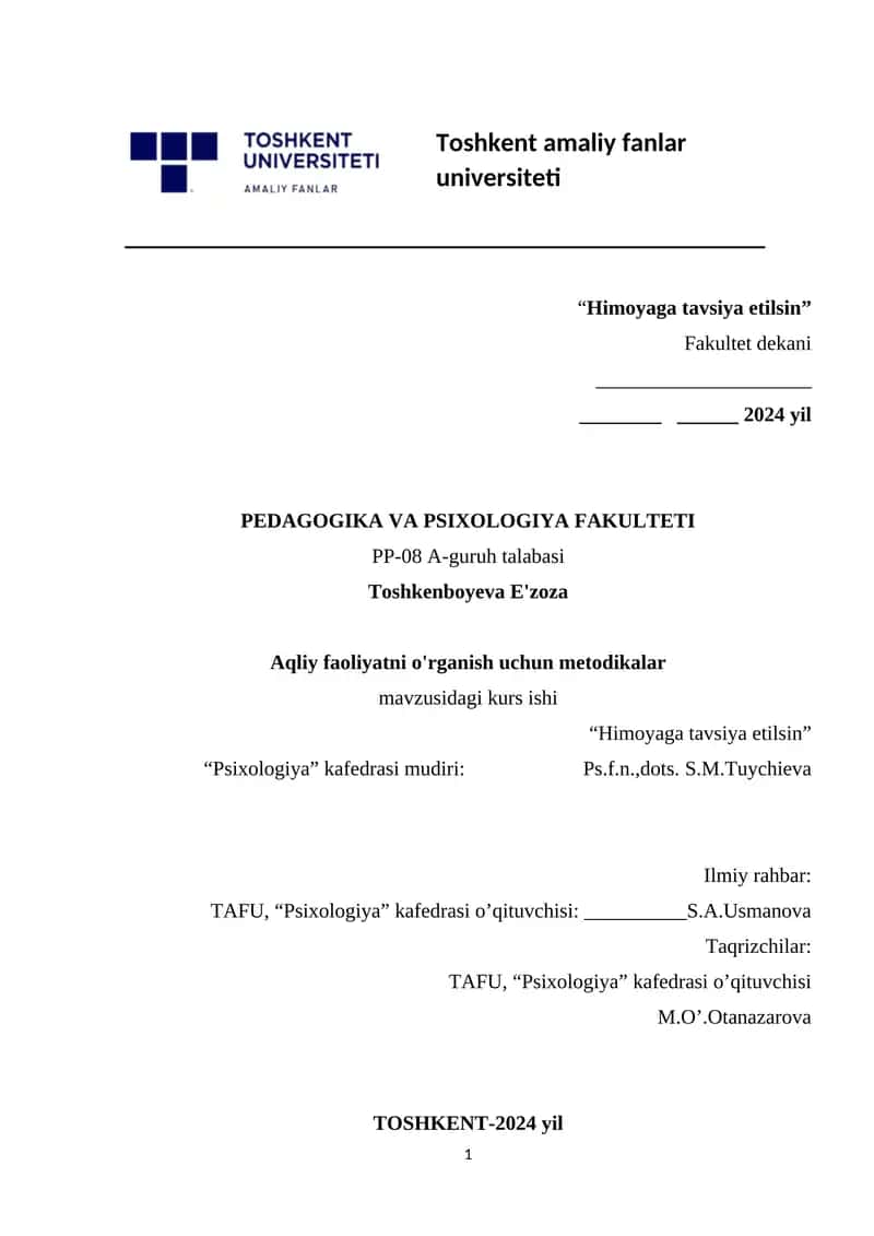Aqliy faoliyatni o'rganish uchun metodikalar