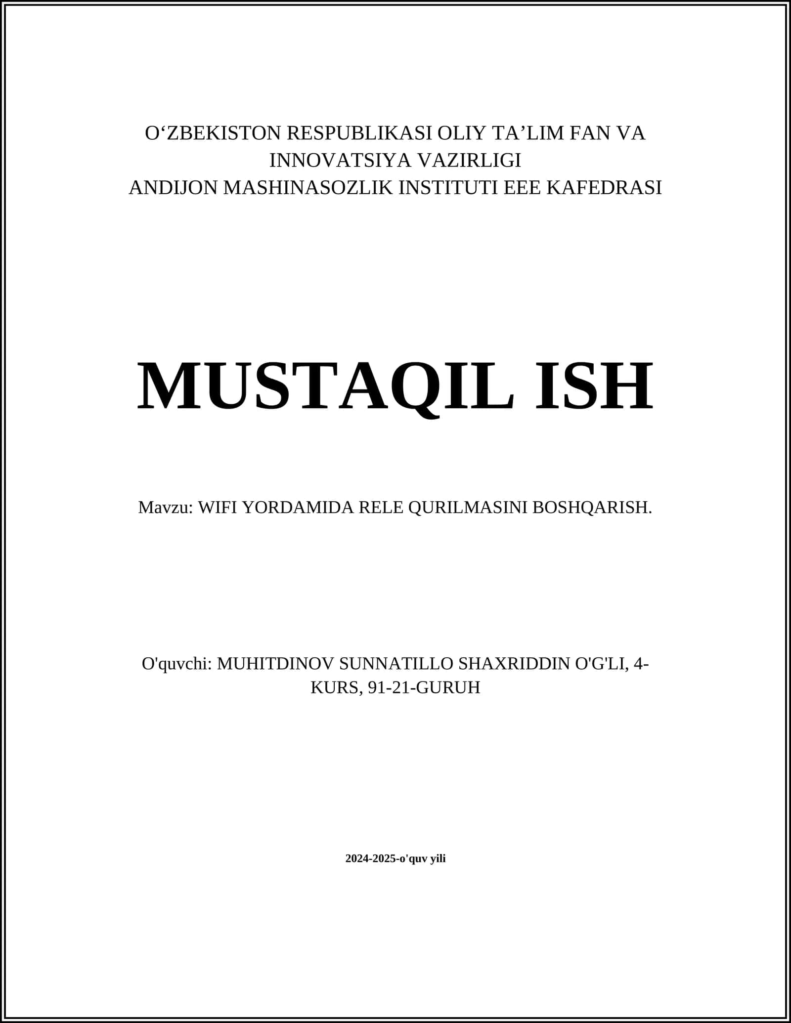 WIFI YORDAMIDA RELAY QURILMASINI BOSHQARISH