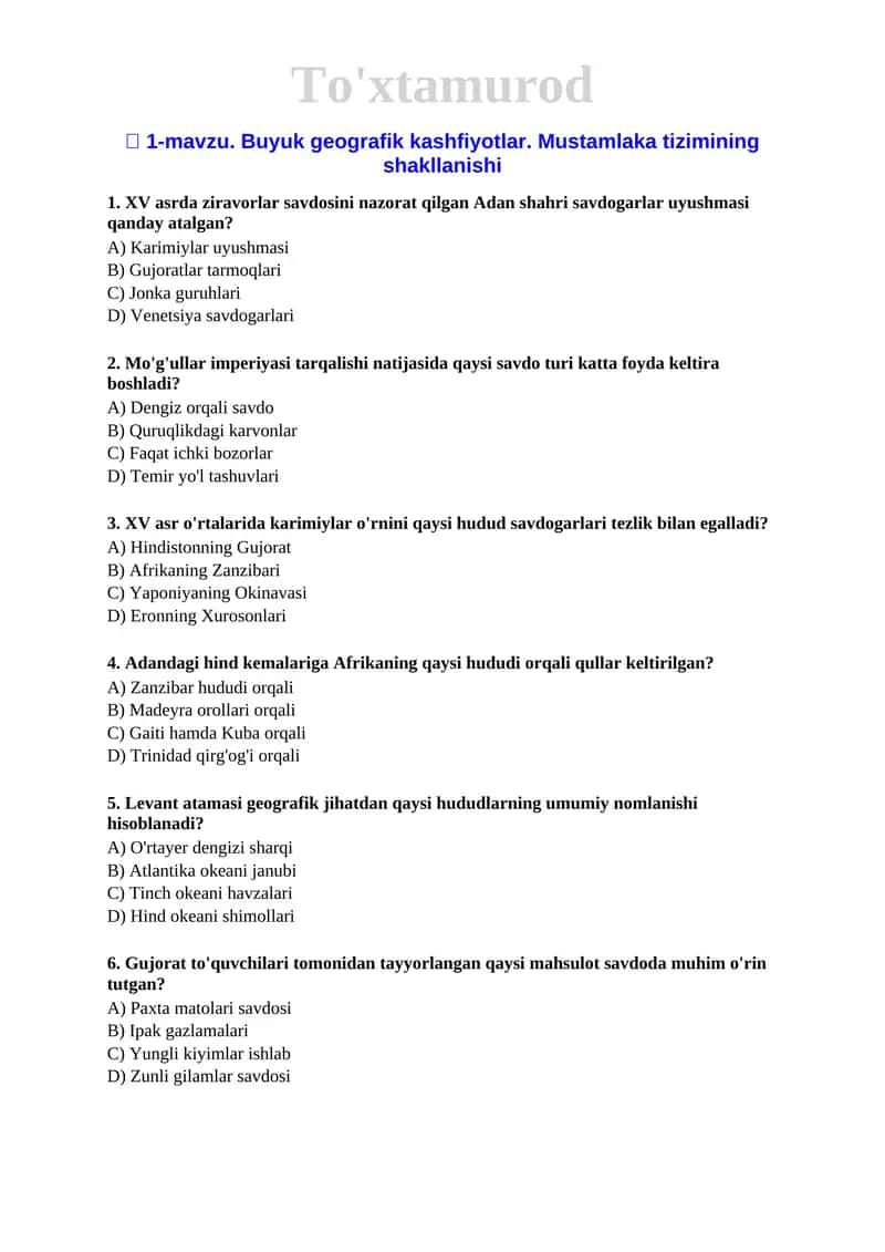 9 Jaxon tarix 2019 mavzulashtirilgan testlar