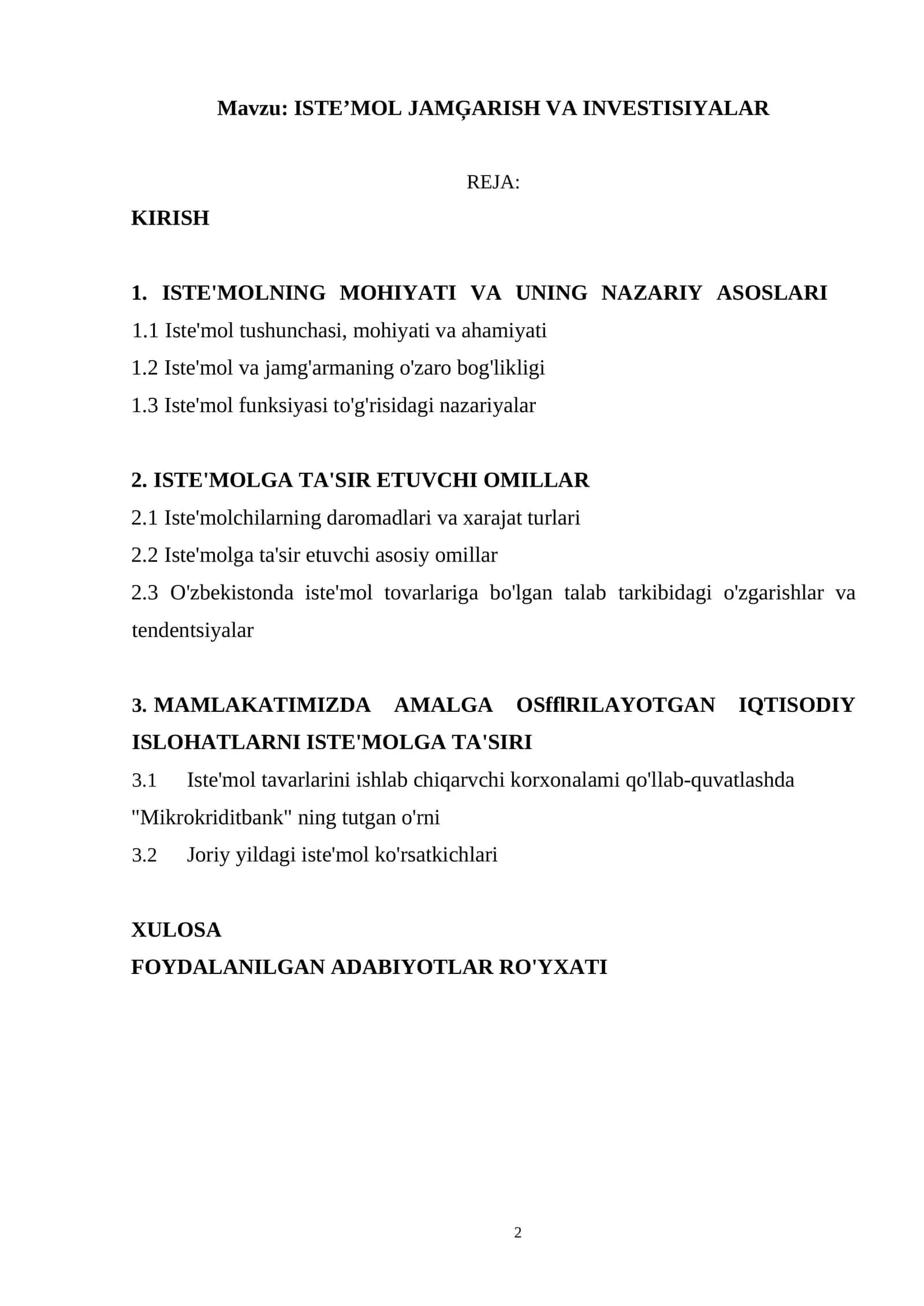 ISTE’MOL JAMĢARISH VA INVESTISIYALAR