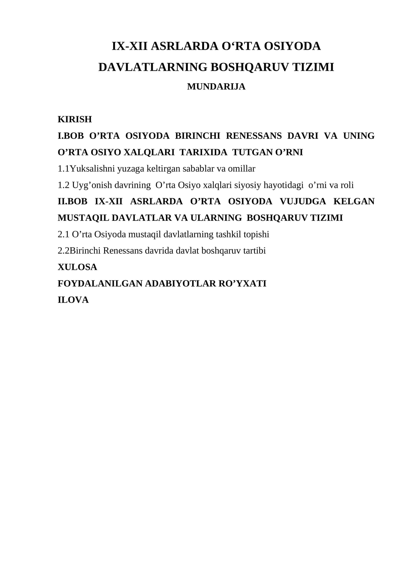 IX-XII ASRLARDA OʻRTA OSIYODA DAVLATLARNING BOSHQARUV TIZIMI