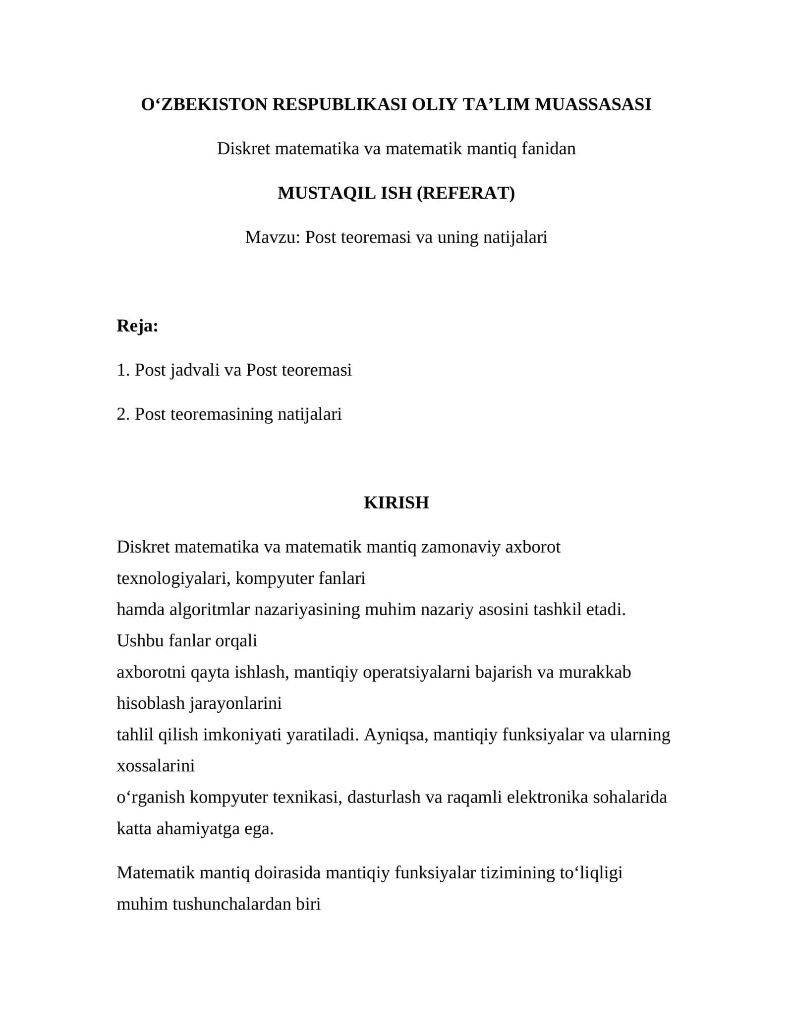 “Post teoremasi haqida tayyor referat – 12 bet”