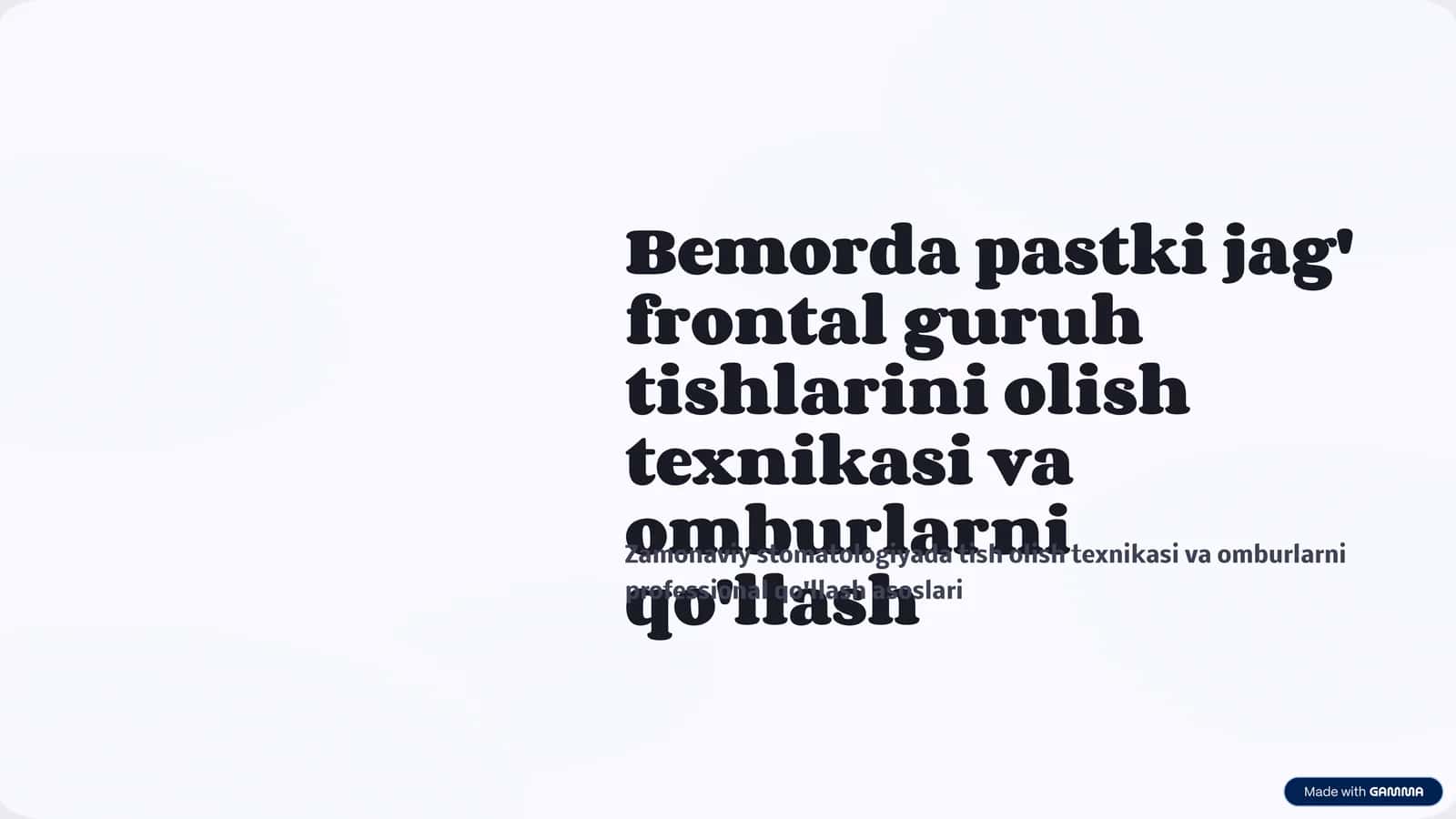 Bemоrdа pаstki jаg’ frоntаl guruh tishlаrini оlish texnikаsi. Omburlarni qo’llashno o’rganish Bemоrdа pаstki jаg’ kichik оziq tishlаrini оlish texnikаsi. Omburlarni qo’llashno o’rganish Bemоrdа pаstki jаg’ kаttа оziq tishlаrini оlish texnikаsi. Omburlarni qo’llashno o’rganish..