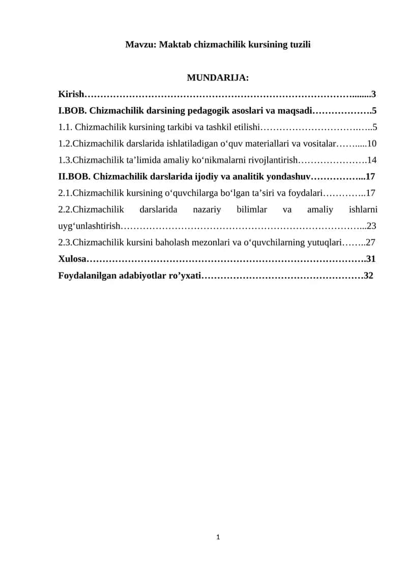 Maktab chizmachilik kursining tuzili