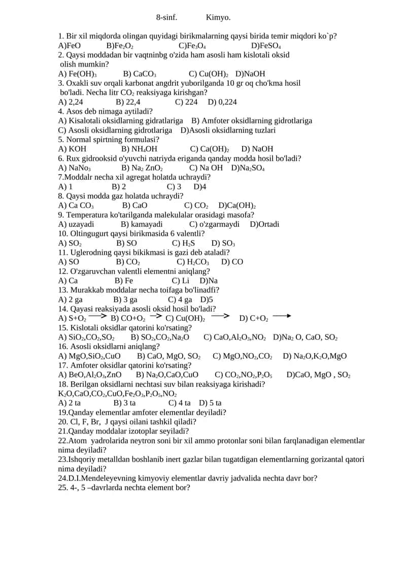 8-sinf. Kimyo