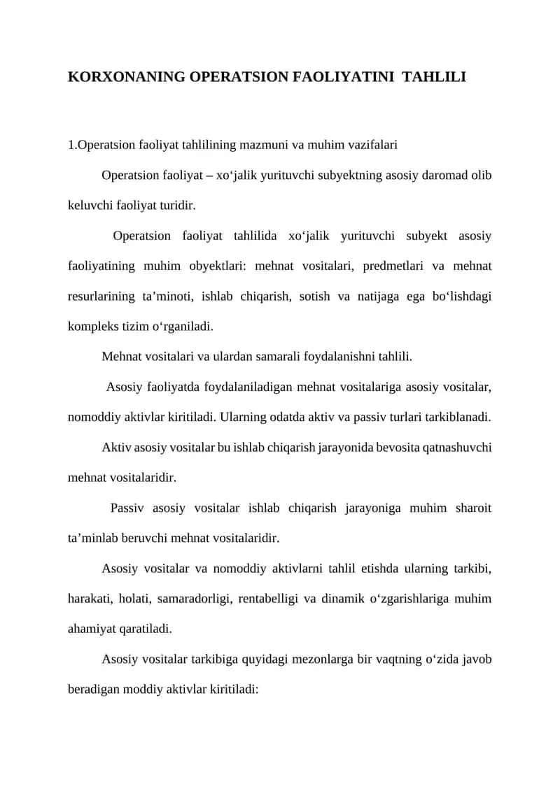Korxonaning operatsion faoliyatini tahlili