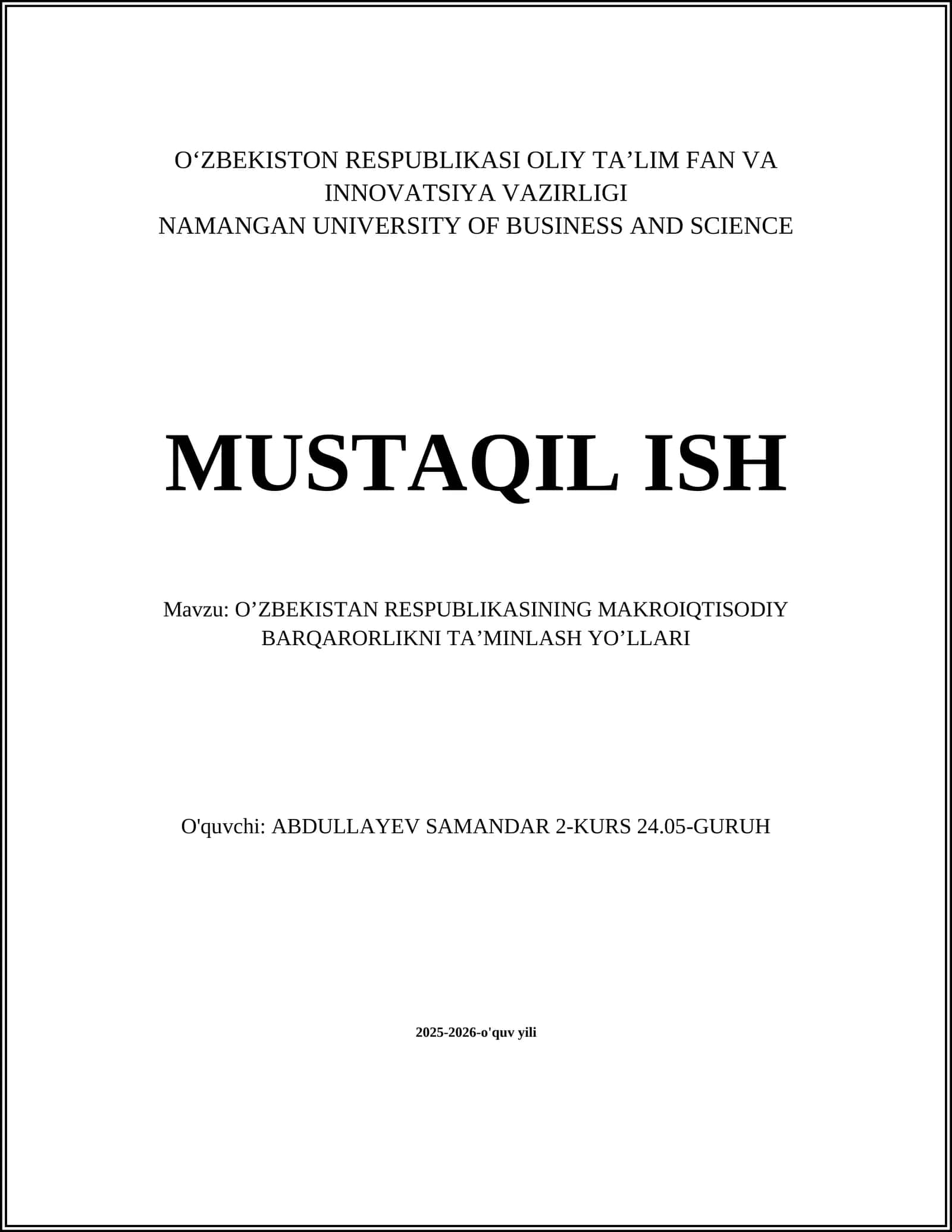 OʼZBEKISTON RESPUBLIKASINING MAKROIQTISODIY BARQARORLIKNI TAʼMINLASH YOʼLLARI