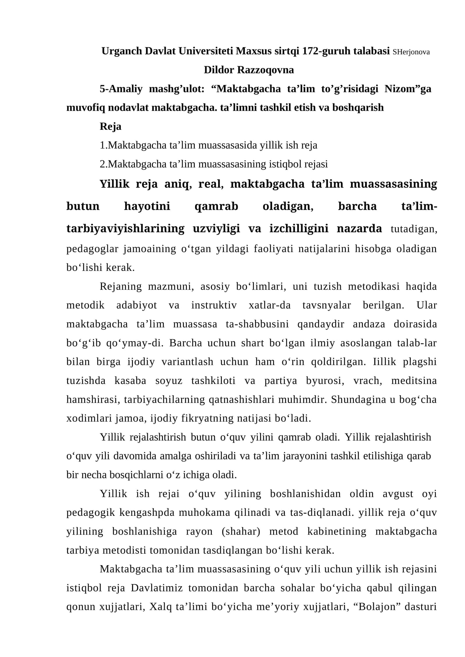 Maktabgacha ta’lim to’g’risidagi Nizom