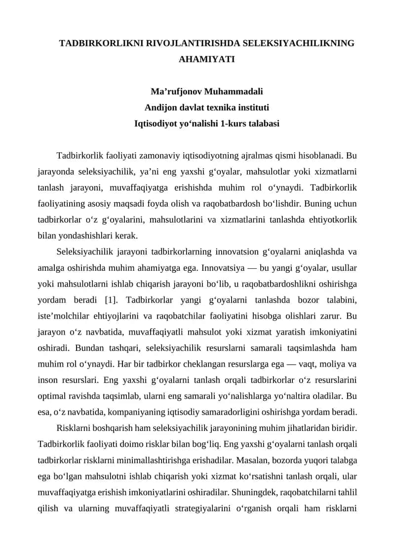TADBIRKORLIKNI RIVOJLANTIRISHDA SELEKSIYACHILIKNING AHAMIYATI