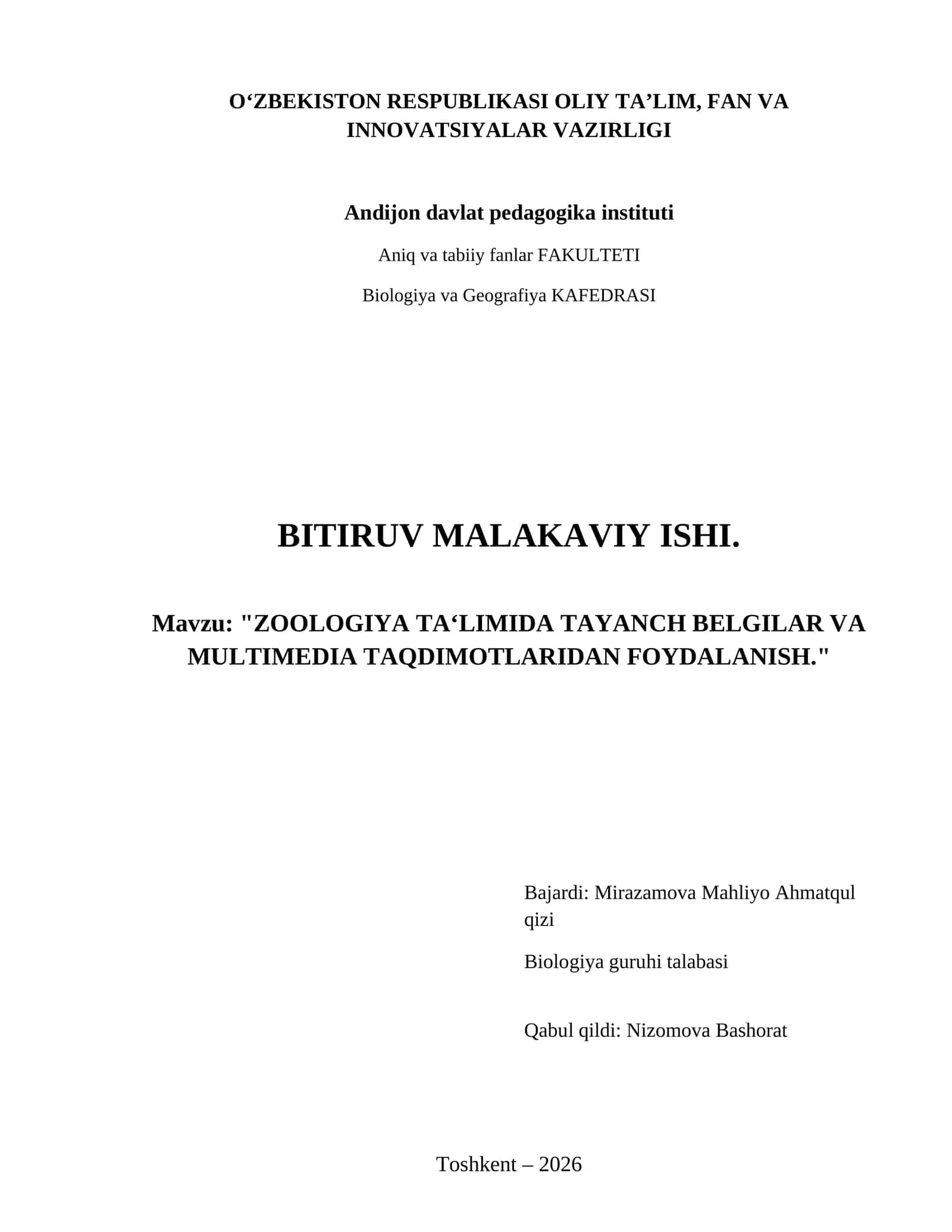 Zoologiya ta‘limida tayanch belgilar va multimedia taqdimotlaridan foydalanish.
