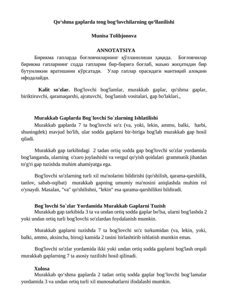 Murakkab Gaplarda Bog`lovchi So`zlarning Ishlatilishi