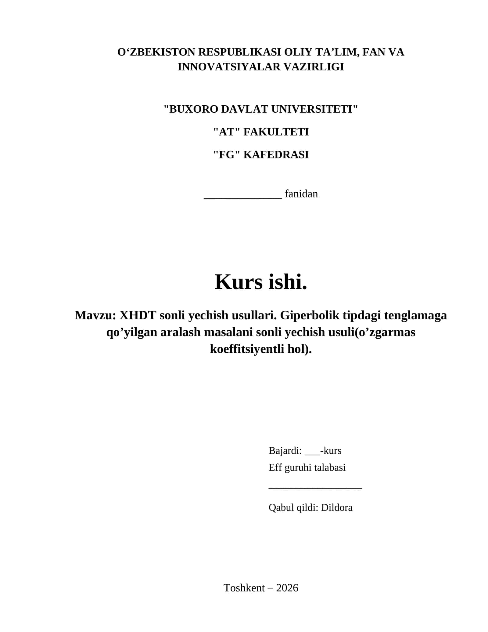XHDT sonli yechish usullari. Giperbolik tipdagi tenglamaga qo’yilgan aralash masalani sonli yechish usuli(o’zgarmas koeffitsiyentli hol).