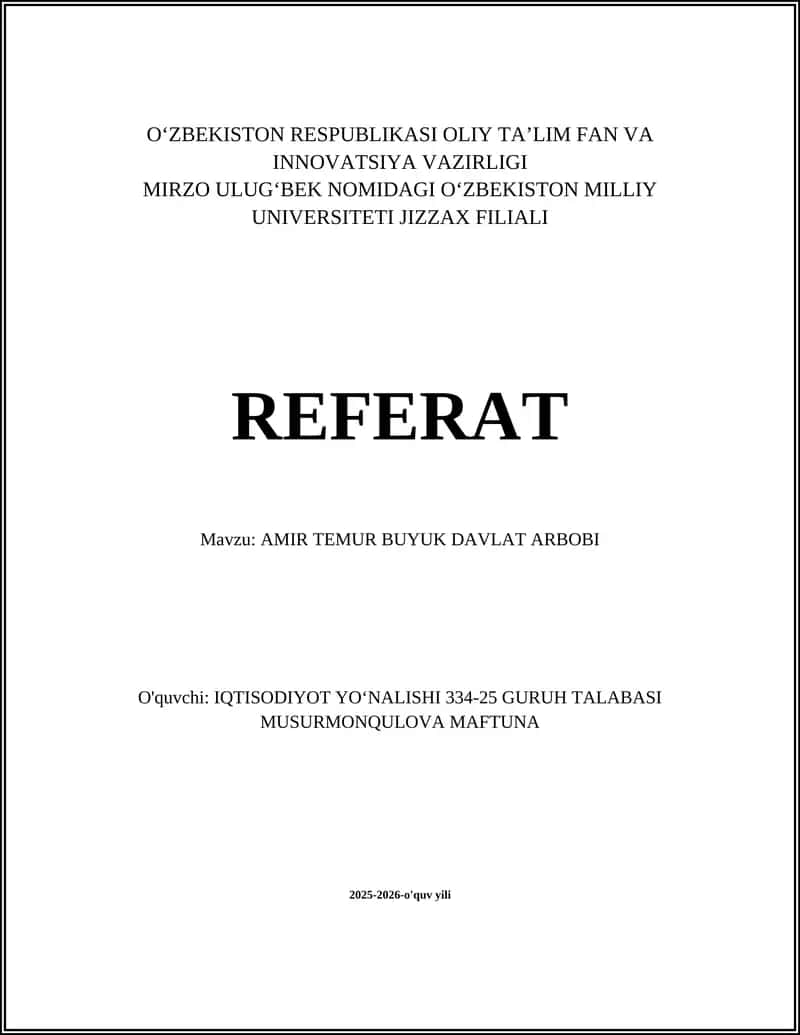 AMIR TEMUR BUYUK DAVLAT ARBOBI
