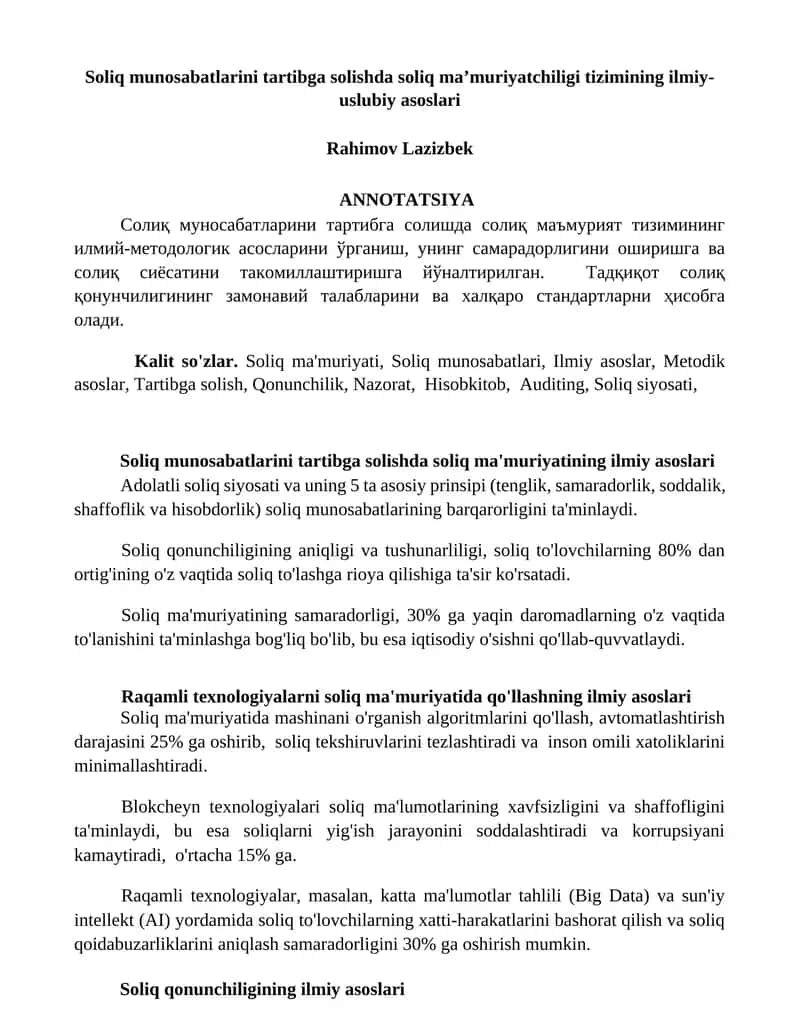 Soliq munosabatlarini tartibga solishda soliq ma’muriyatchiligi tizimining ilmiy-uslubiy asoslari