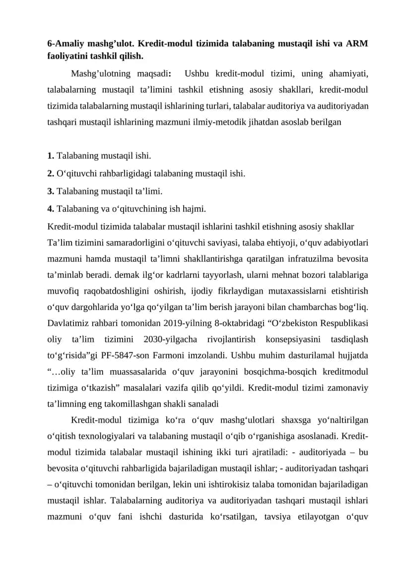 Kredit-modul tizimi va talabaning mustaqil ishi