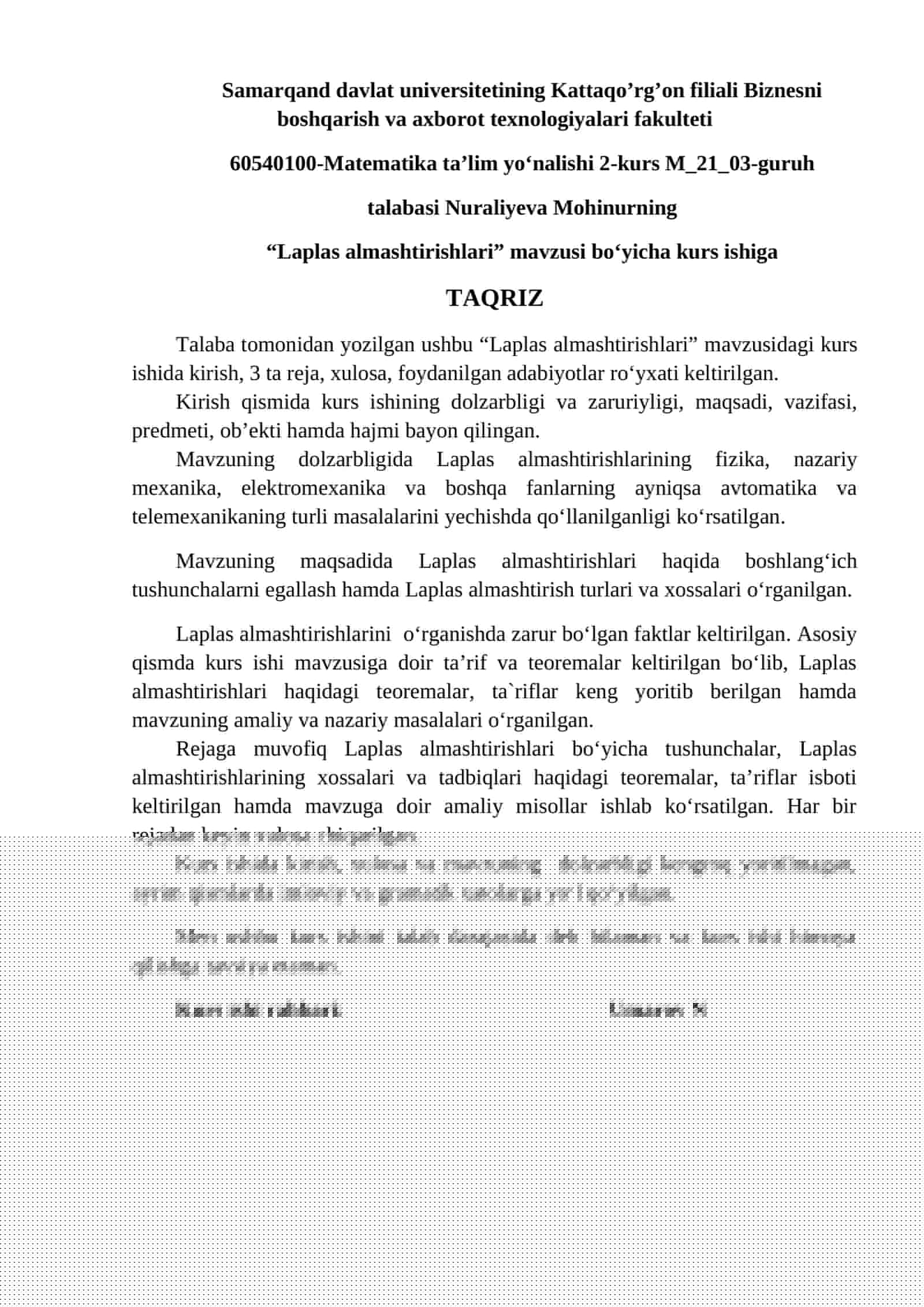 Laplas Almashtirishlari Kurs Ishi