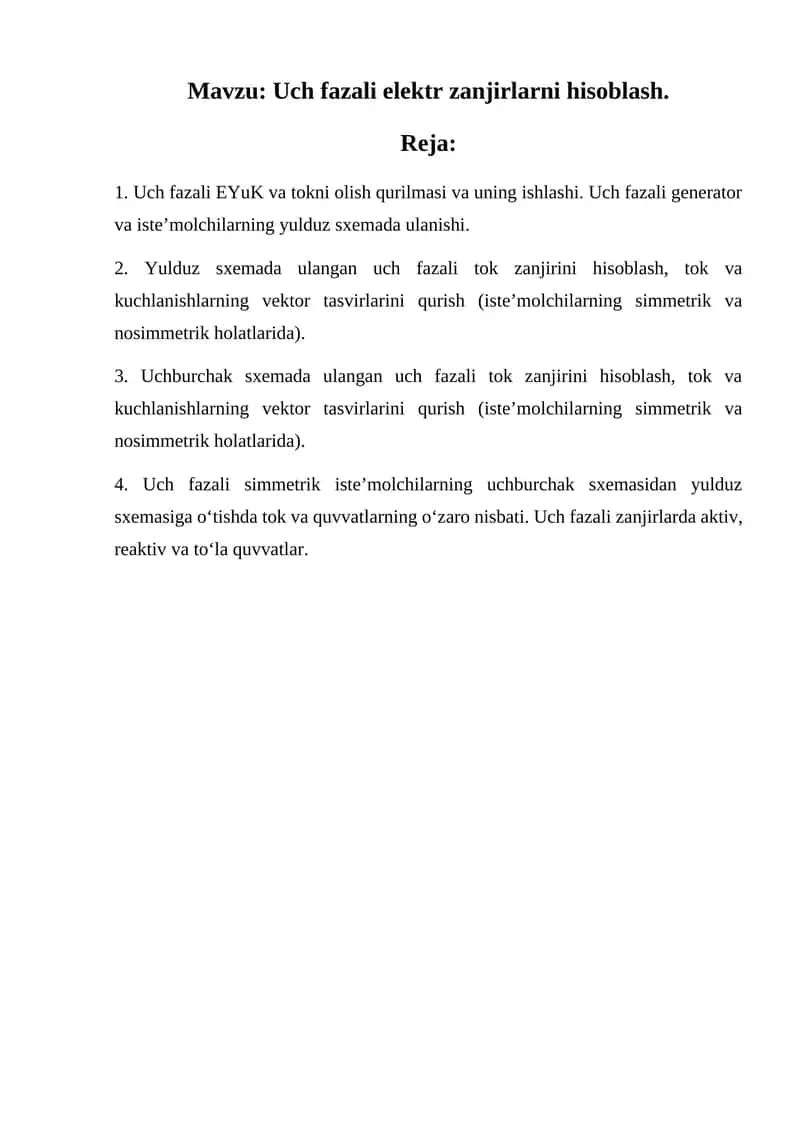 Uch fazali elektr zanjirlarni hisoblash.