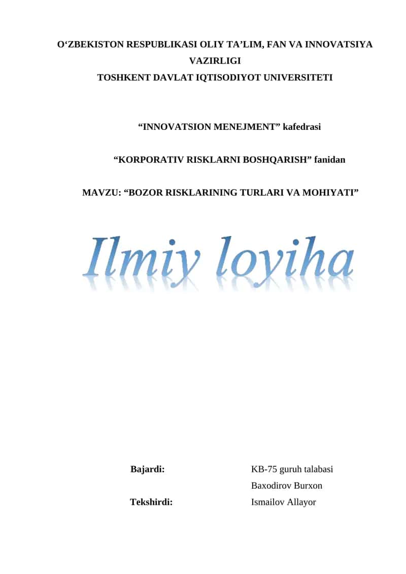 Bozor risklarining turlari va mohiyati