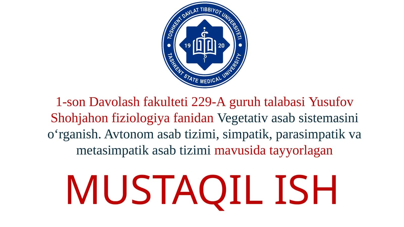 Avtonom asab tizimi, simpatik, parasimpatik va metasimpatik asab tizimi.