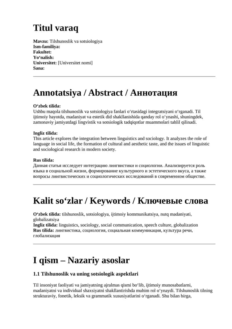 Tilshunoslik va sotsiologiya mavzusida ilmiy maqola