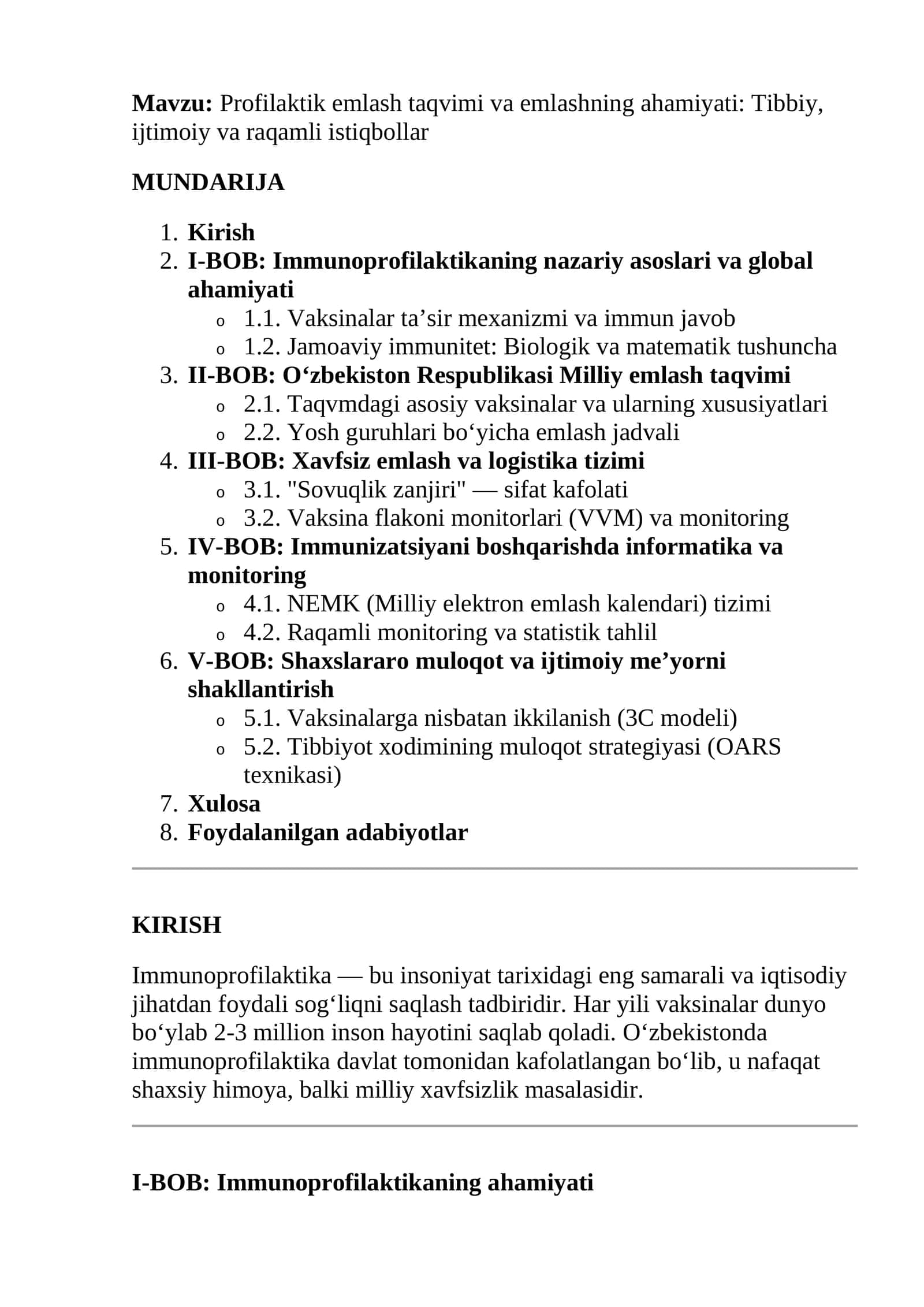 Profilaktik emlash taqvimi va emlashning ahamiyati: Tibbiy, ijtimoiy va raqamli istiqbollar