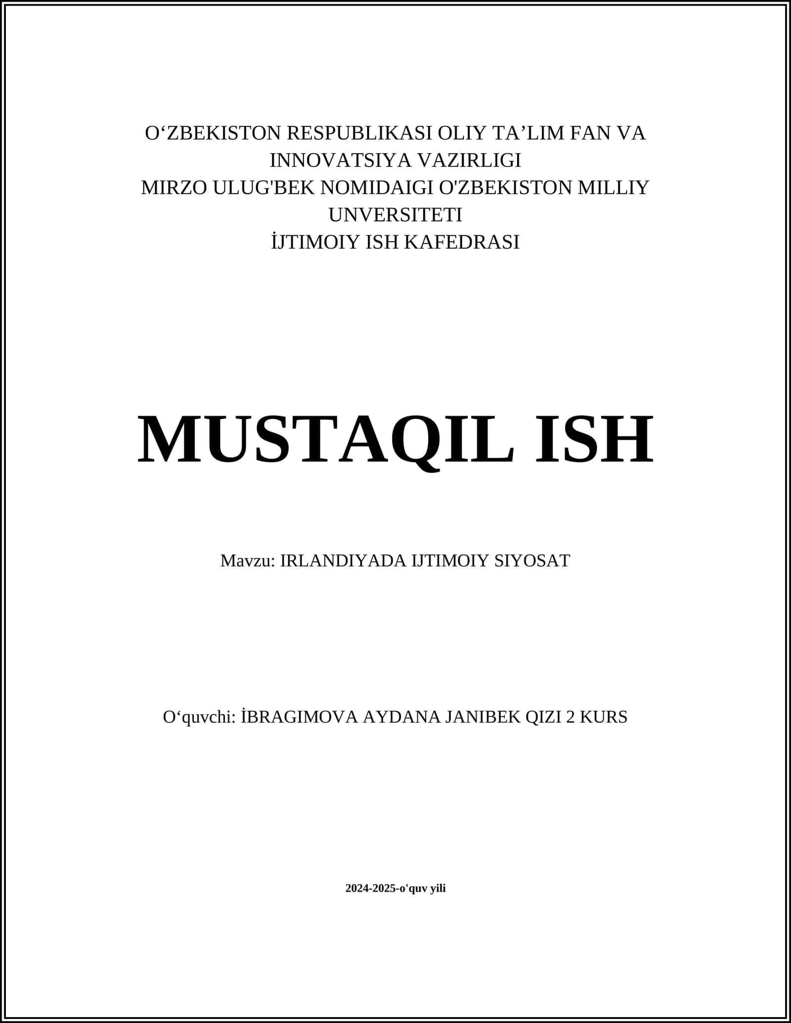 IRLANDIYADA IJTIMOIY SIYOSAT
