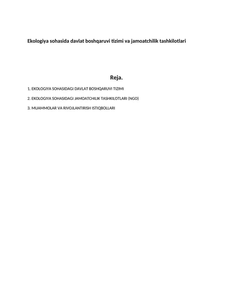 EKOLOGIYA SOHASIDAGI DAVLAT BOSHQARUVI TIZIMI