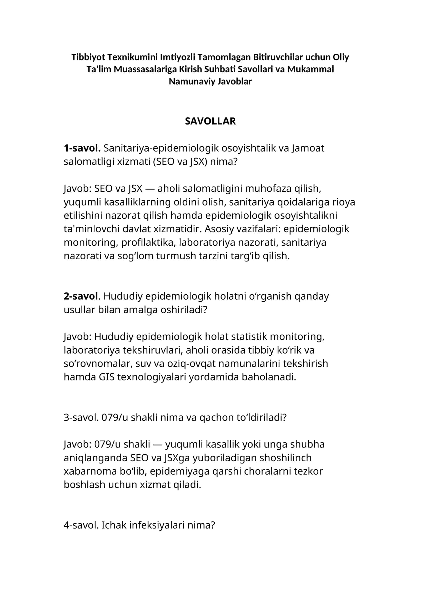 Tibbiyot Texnikumini Imtiyozli Tamomlagan Bitiruvchilar uchun Oliy Ta'lim Muassasalariga Kirish Suhbati Savollari va Mukammal Namunaviy Javoblar