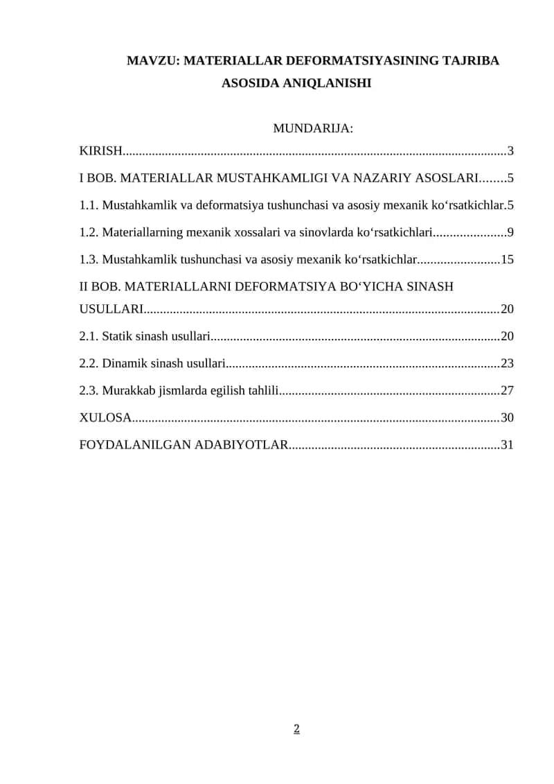 Materriallar deformatsiyasining tajriba asosida aniqlanishi