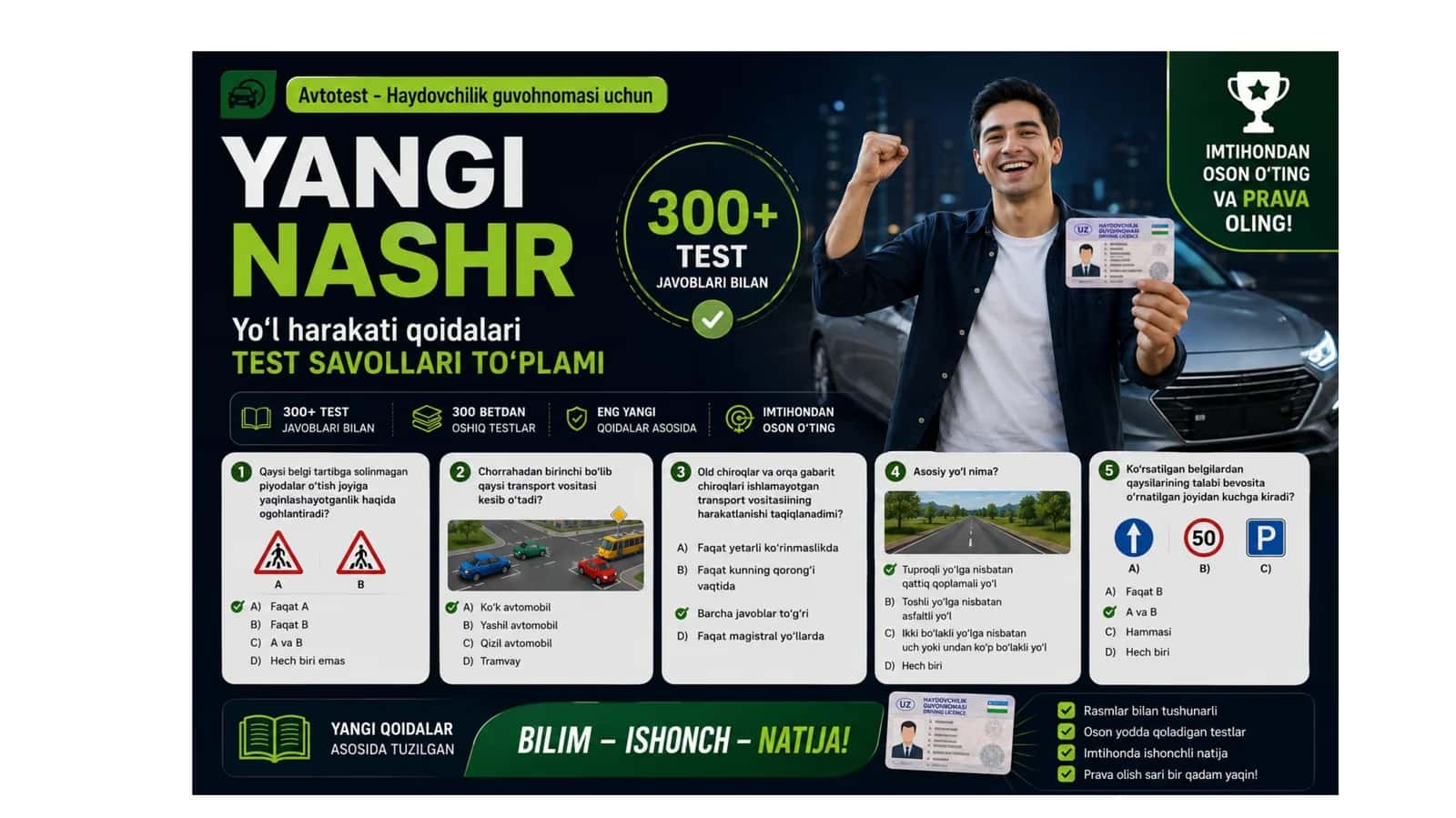 AVTOTEST PRAVA SAVOLLAR JAVOBLARI BILAN