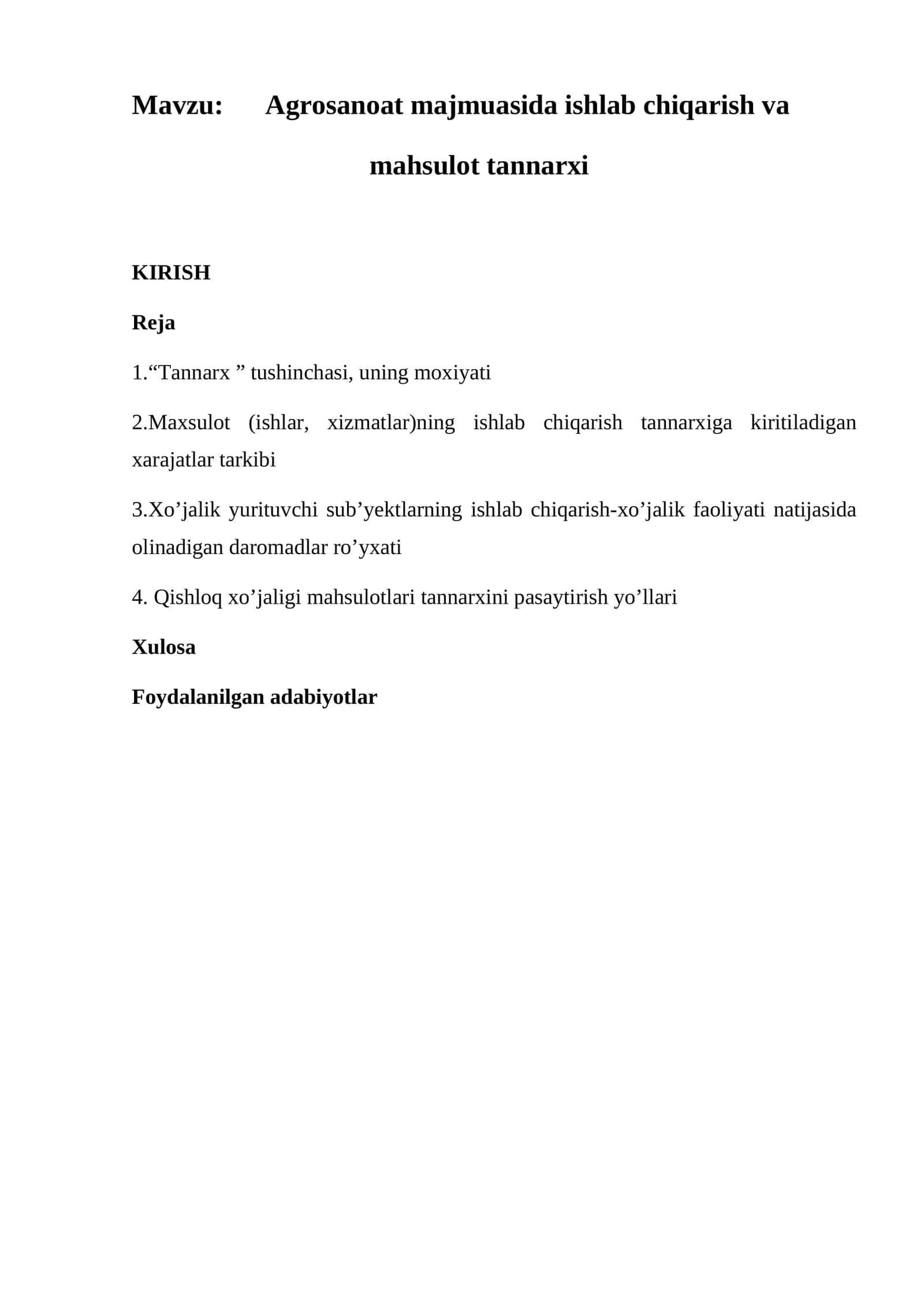 Agrosanoat majmuasida ishlab chiqarish va mahsulot tannarxi