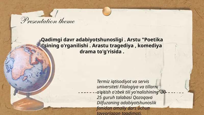Qozoqova Dilfuzaning adabiyotshunoslik fanidan amaliy dars taqdimoti