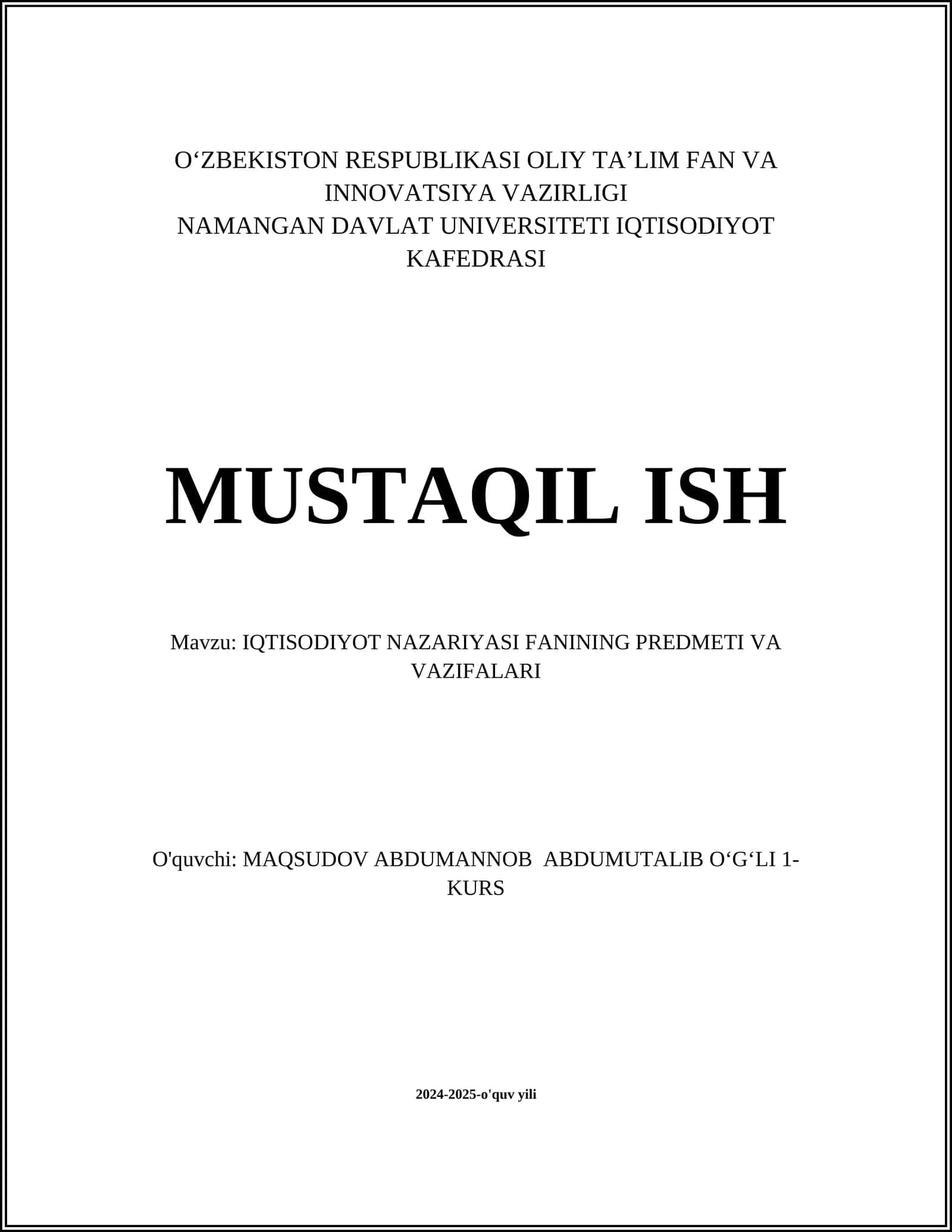 IQTISODIYOT NAZARIYASI FANINING PREDMETI VA VAZIFALARI