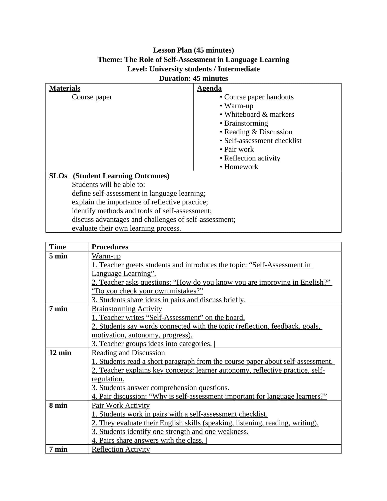 Lesson Plan: The Role of Self-Assessment in Language Learning