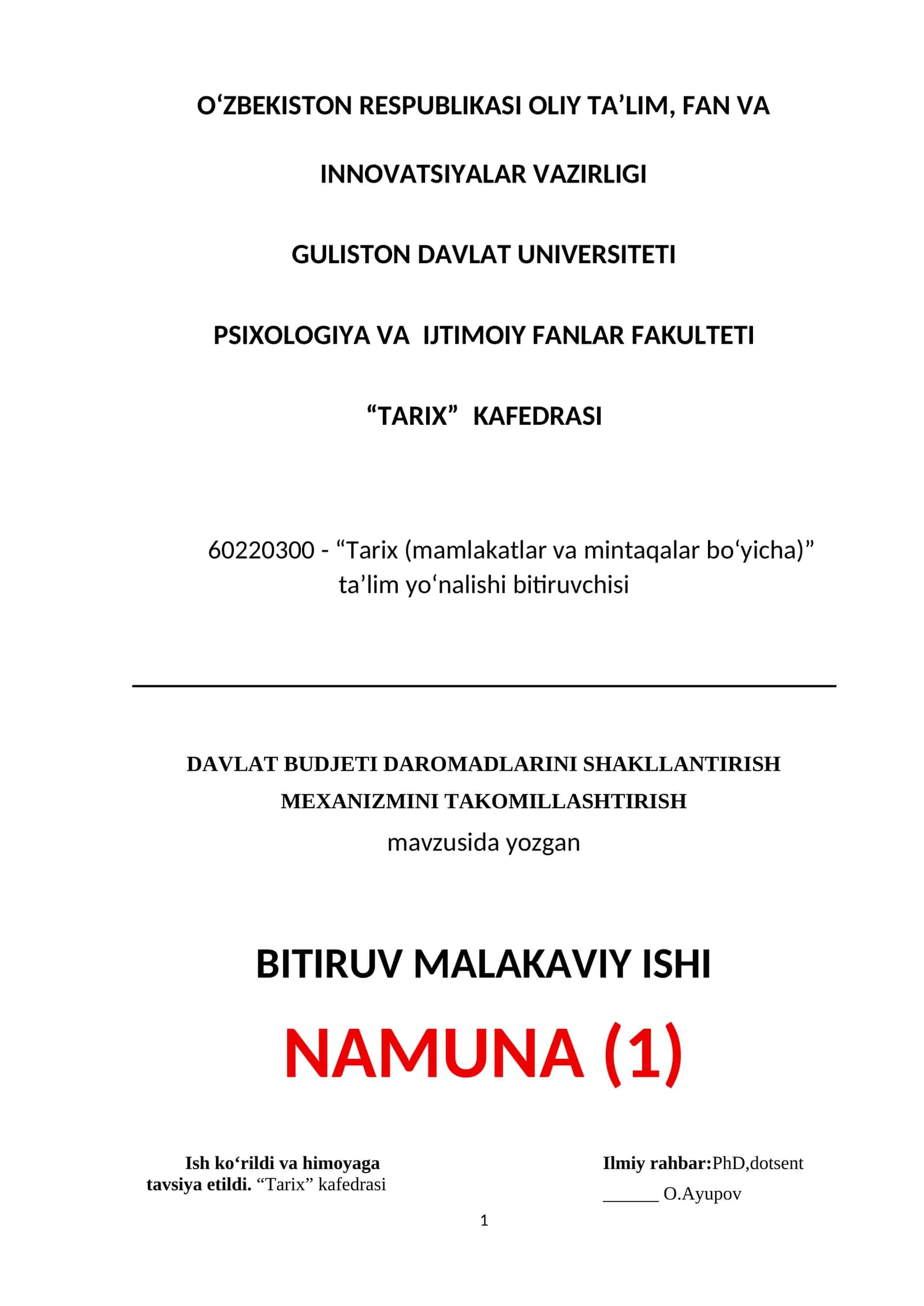 DAVLAT BUDJETI DAROMADLARINI SHAKLLANTIRISH MEXANIZMINI TAKOMILLASHTIRISH