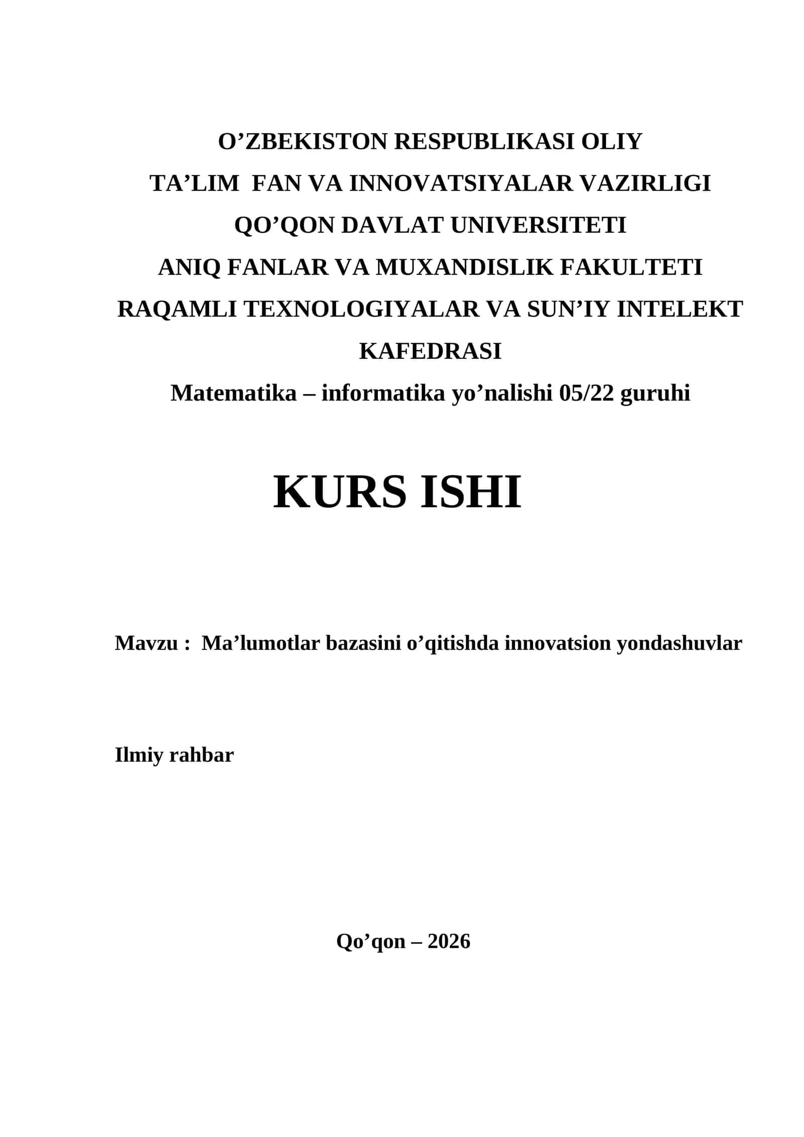 Ma’lumotlar bazasini o’qitishda innovatsion yondashuvlar