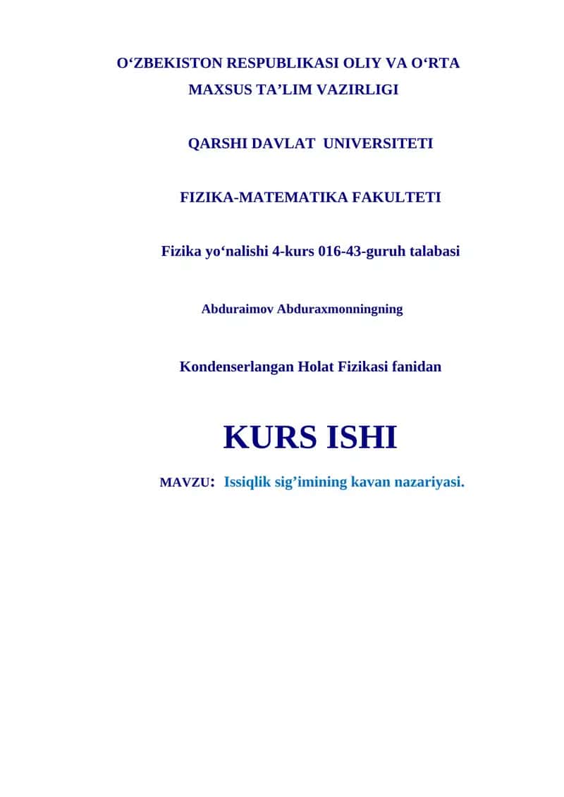 Issiqlik sig’imining kavan nazariyasi