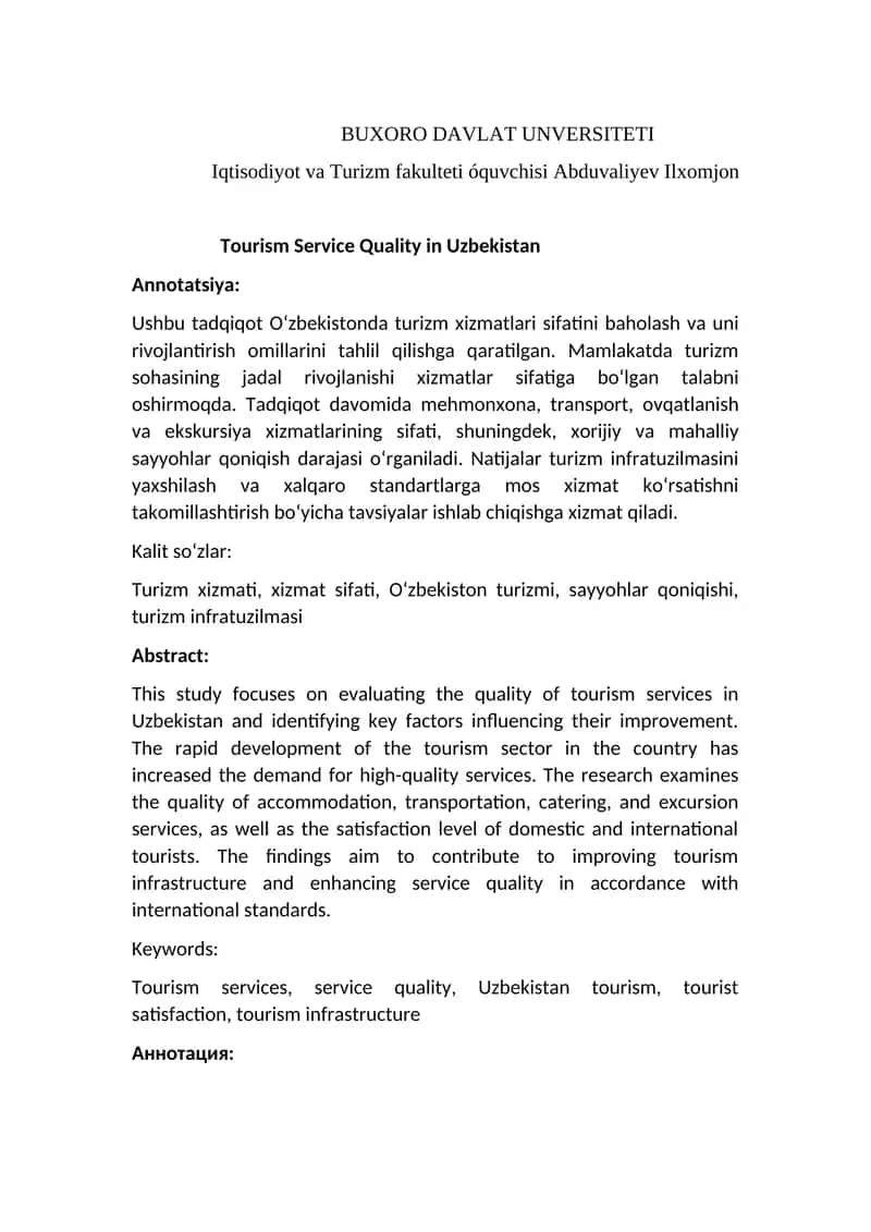 Turizm xizmatlarining sifati O‘zbekistonda