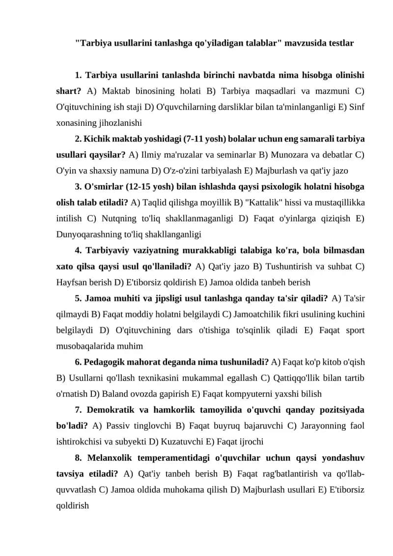 Tarbiya usullarini tanlashga qo'yiladigan talablar