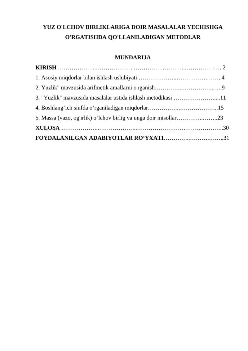 YUZ O'LCHOV BIRLIKLARIGA DOIR MASALALAR YECHISHGA O'RGATISHDA QO'LLANILADIGAN METODLAR