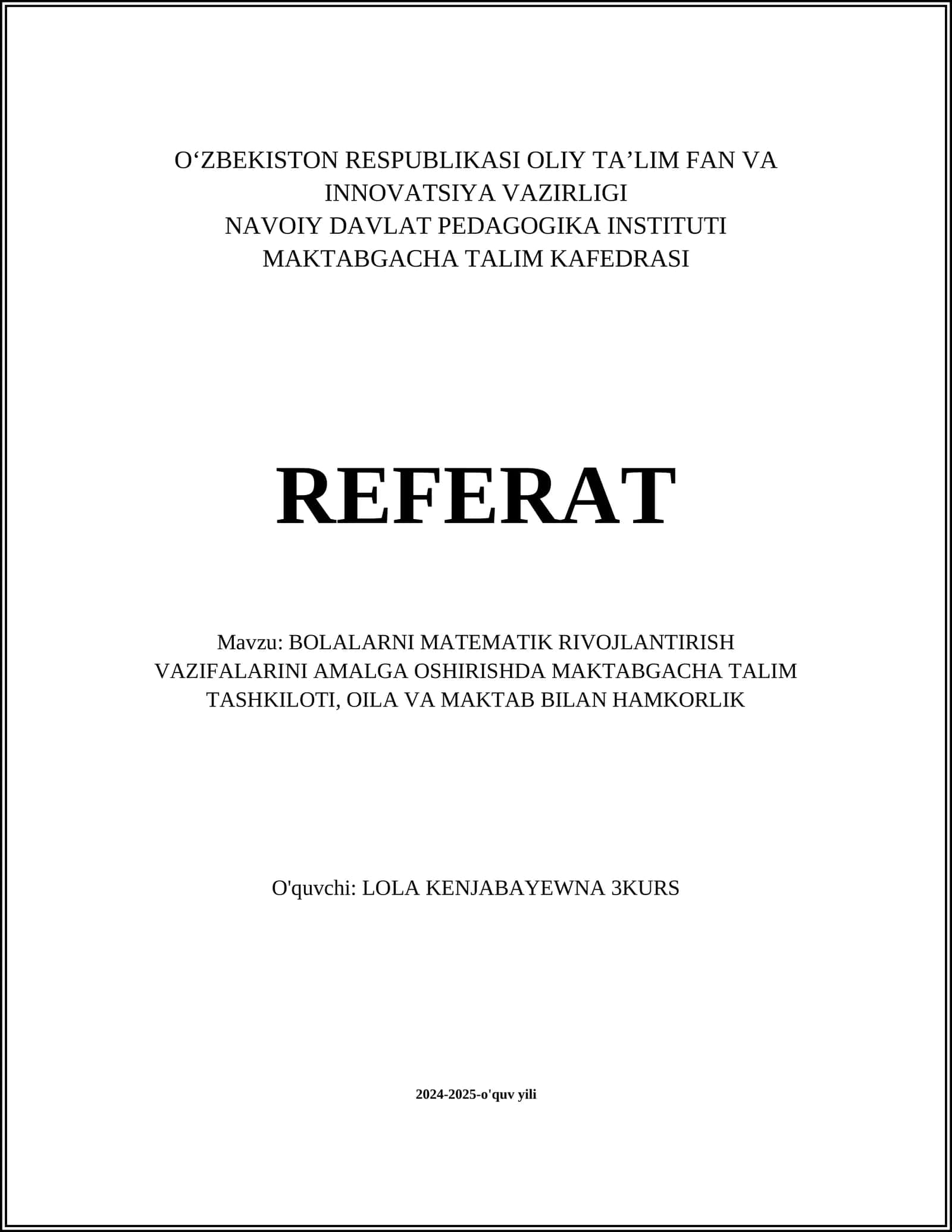 BOLALARNI MATEMATIK RIVOJLANTIRISH VAZIFALARINI AMALGA OSHIRISH