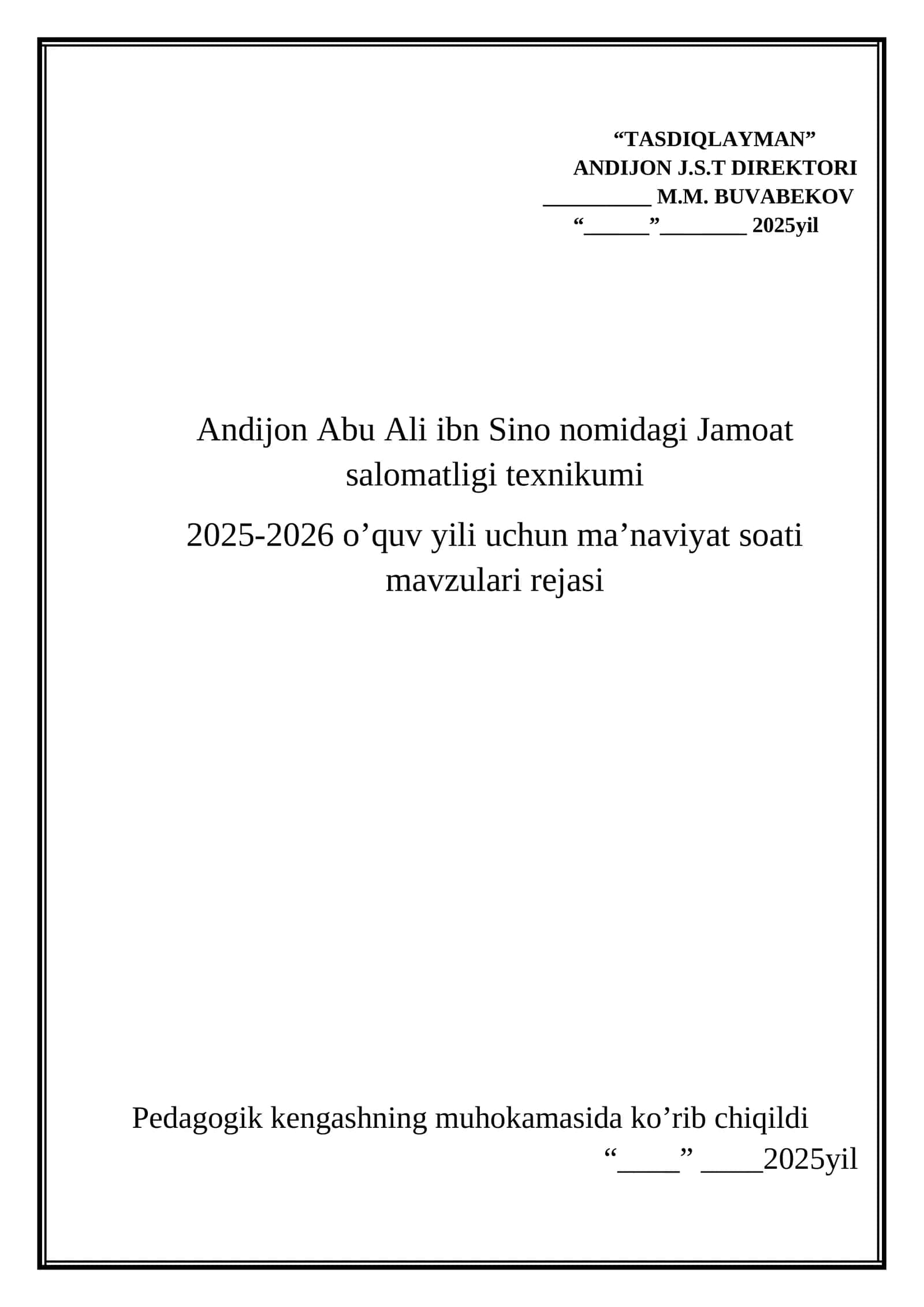 Ma’naviyat soati mavzulari rejasi 2025-2026