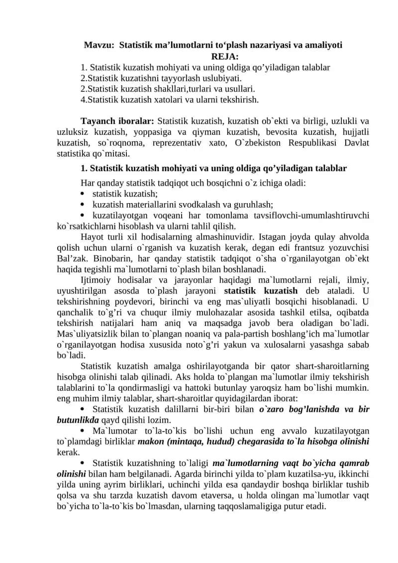 Statistik ma’lumotlarni to‘plash nazariyasi va amaliyoti
