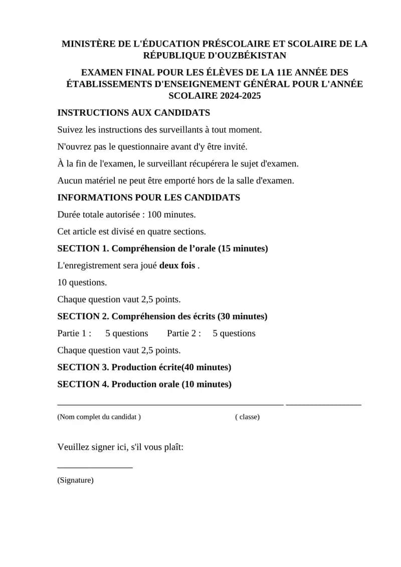 EXAMEN FINAL POUR LES ÉLÈVES DE LA 11E ANNÉE DES ÉTABLISSEMENTS D'ENSEIGNEMENT GÉNÉRAL POUR L'ANNÉE SCOLAIRE 2024-2025