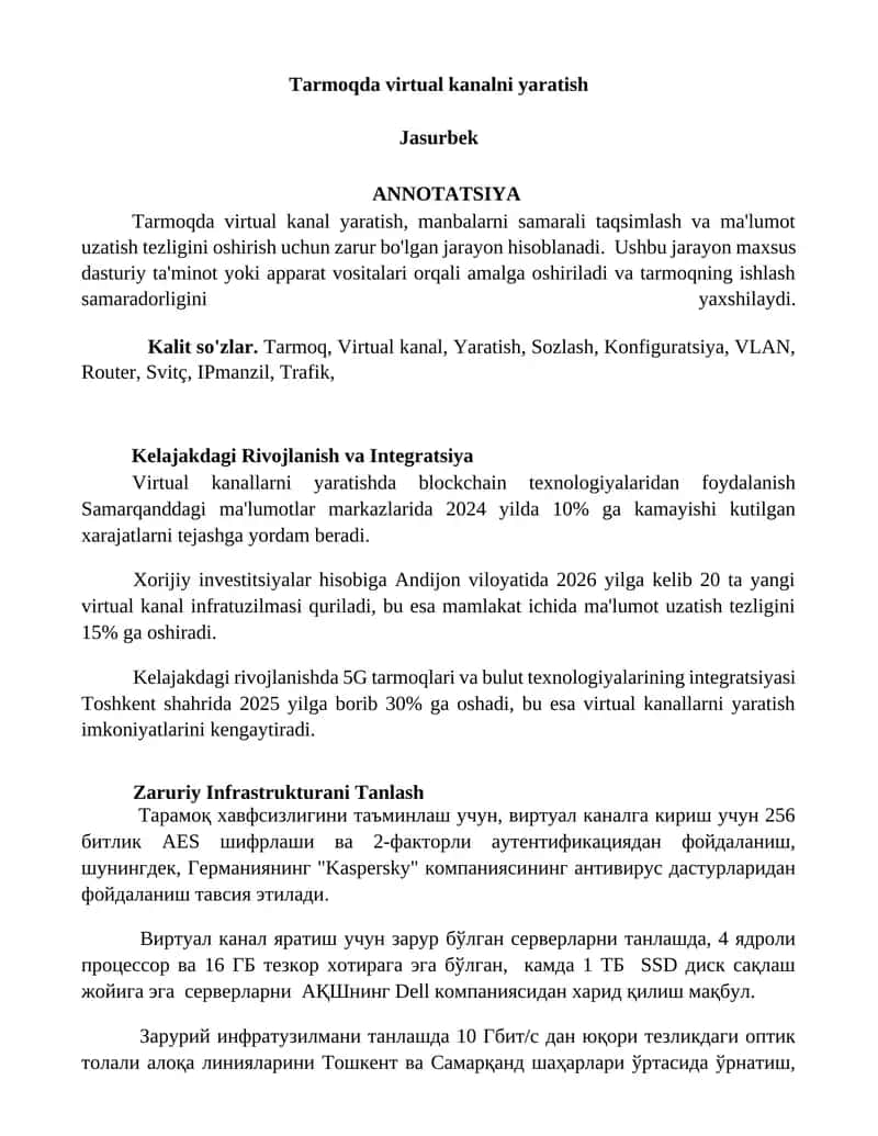 Tarmoqda virtual kanalni yaratish