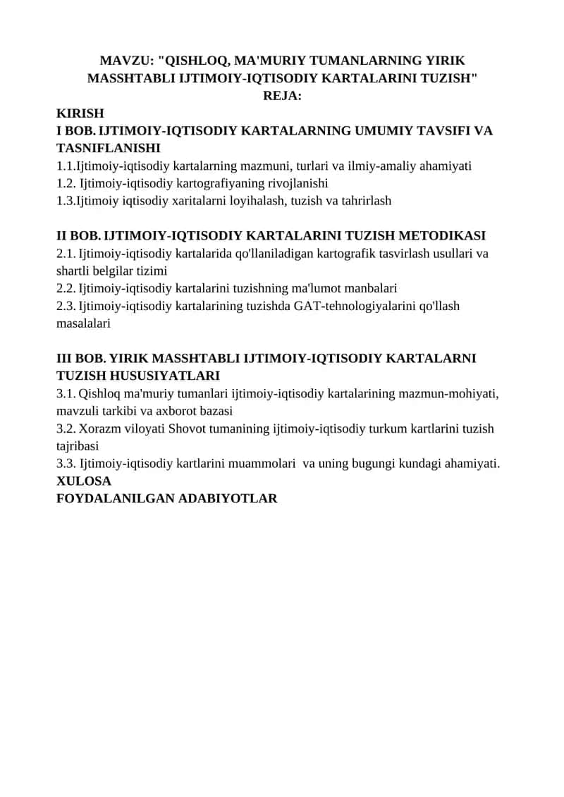 QISHLOQ, MA'MURIY TUMANLARNING YIRIK MASSHTABLI IJTIMOIY-IQTISODIY KARTALARINI TUZISH